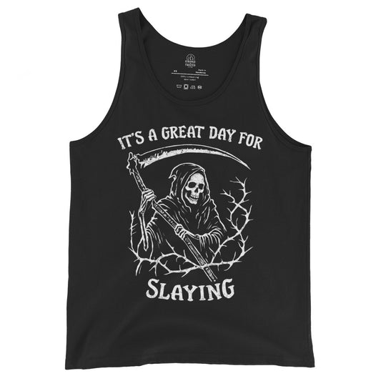 Black tank top with a graphic of a skeleton holding a scythe and text 'It's a great day for slaying' on a white background.