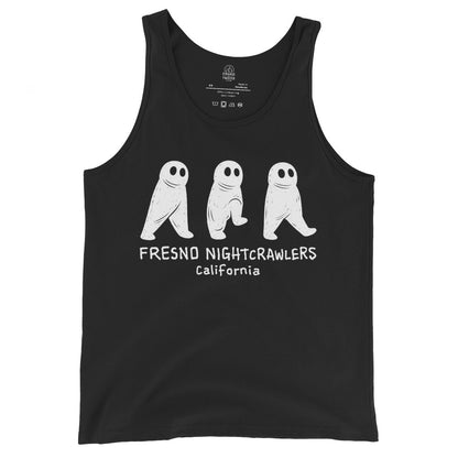 Front black tank top with Fresno Nightcrawler cryptid illustration