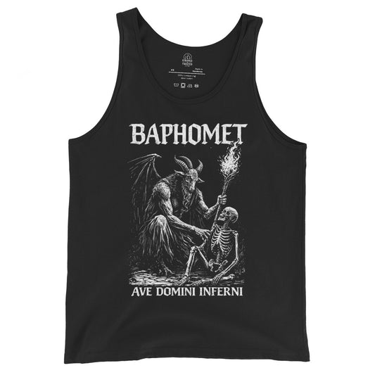 Front view black tank top featuring gothic Baphomet infernal ritual illustration