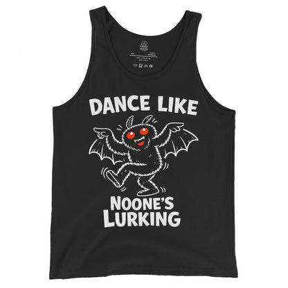 Front view of black tank top featuring dancing Mothman cartoon and Dance Like Noone’s Lurking text