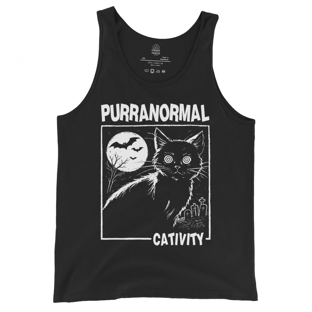 Purranormal Cativity paranormal cat tank top on black featuring wide eyed gothic cat with moon bats and graveyard
