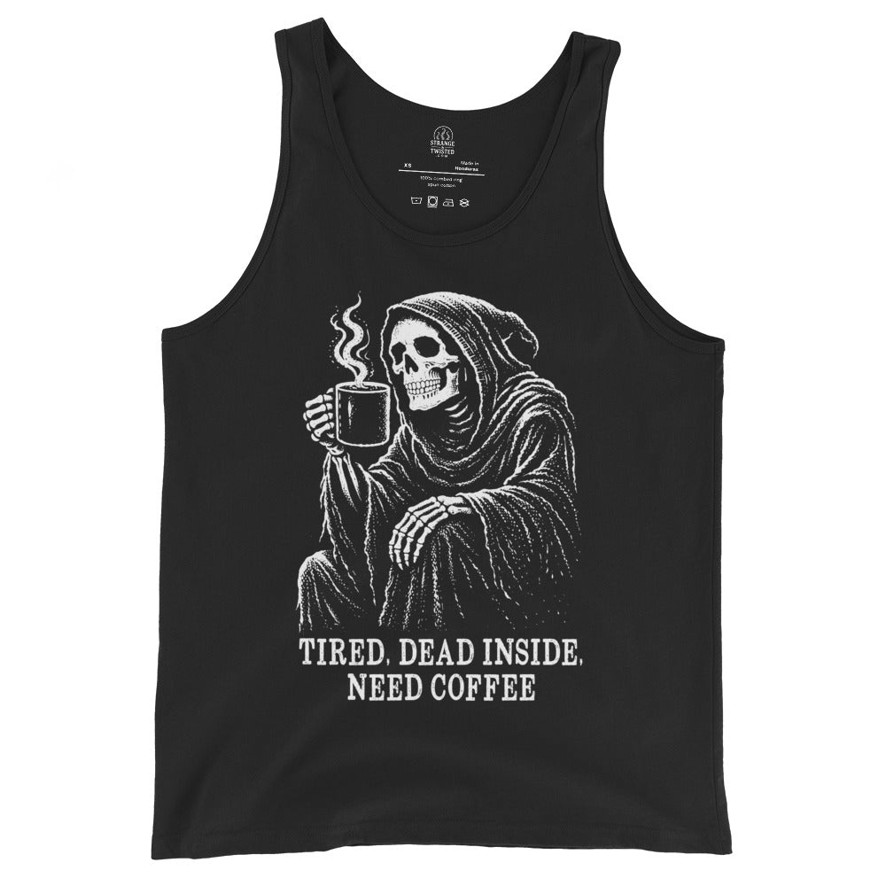 Skeleton coffee tank top on black featuring hooded grim reaper figure holding mug with gothic horror style