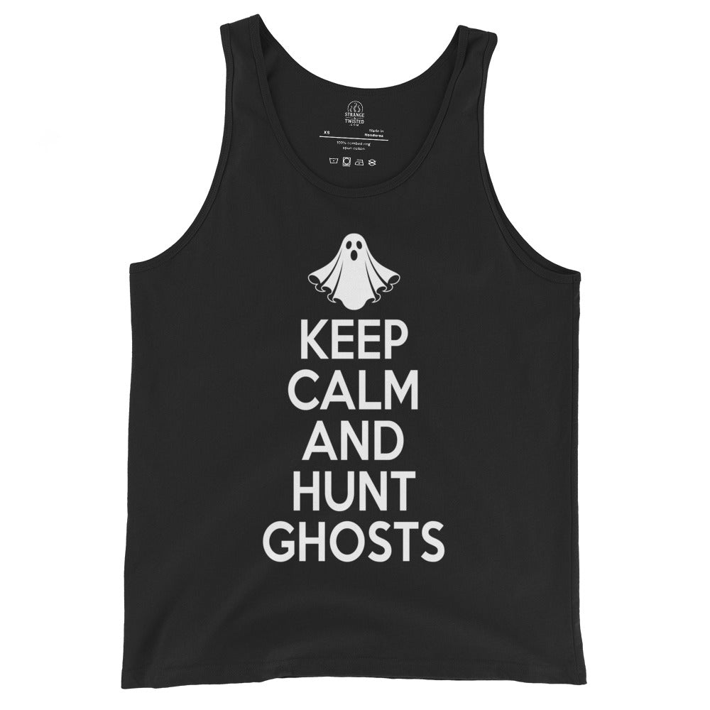 Keep Calm And Hunt Ghosts paranormal tank top on black with bold ghost hunting slogan and ghost icon