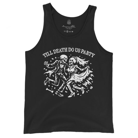 Skeleton wedding love tank top on black showing dancing bride and groom skeleton artwork