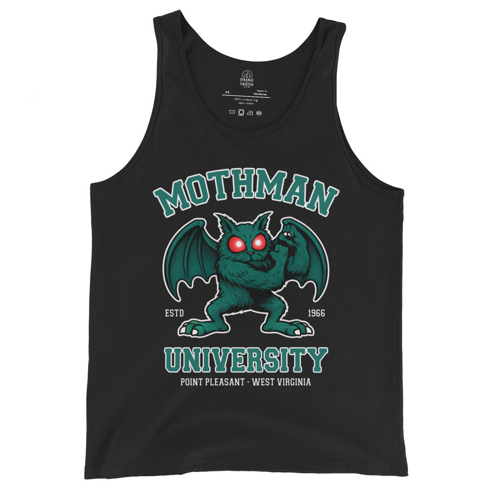 Mothman University paranormal cryptid tank top on black showing winged mothman mascot with glowing eyes