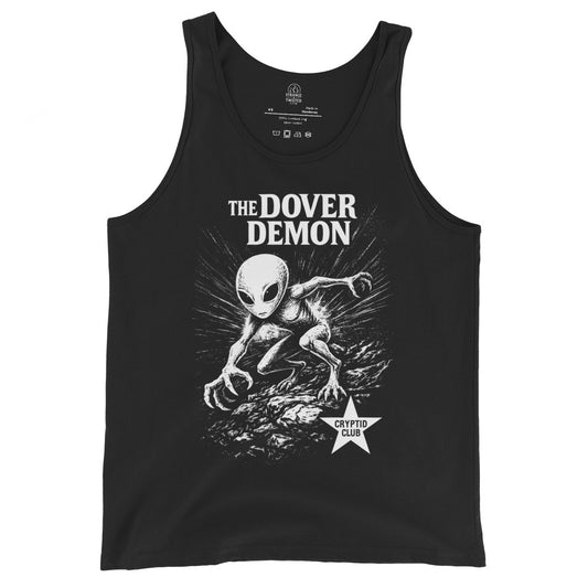 Dover Demon cryptid tank top on black showing eerie humanoid creature illustration