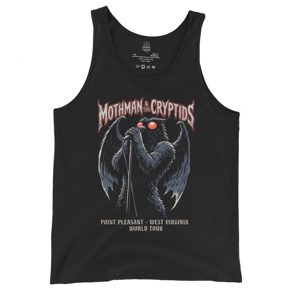 Mothman world tour band style tank top on black featuring winged cryptid singing into microphone