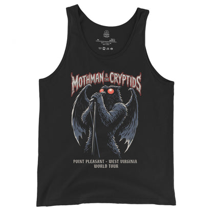 Mothman world tour band style tank top on black featuring winged cryptid singing into microphone