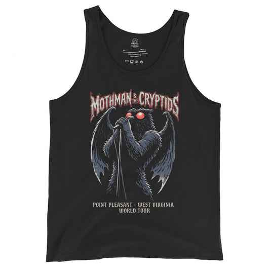 Mothman world tour band style tank top on black featuring winged cryptid singing into microphone