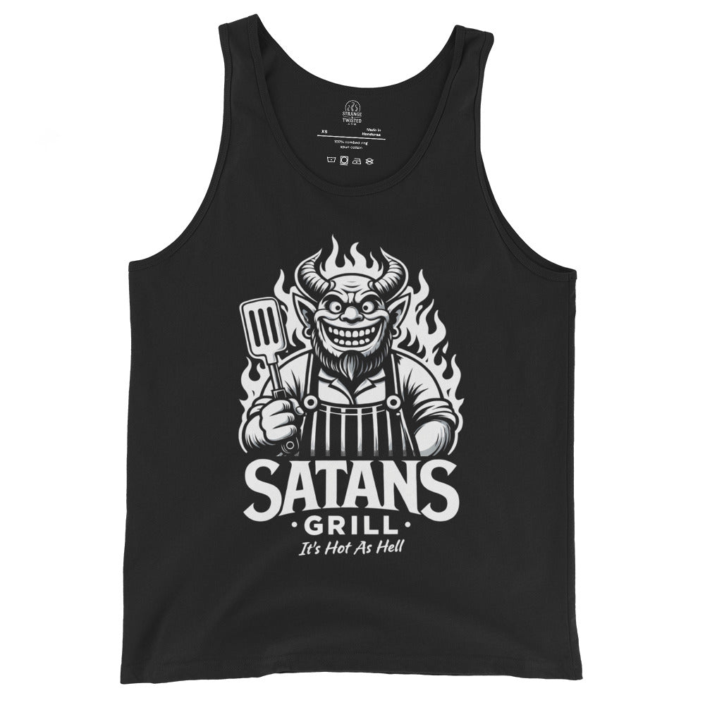 Satans Grill BBQ tank top on black featuring devil chef with spatula and flames