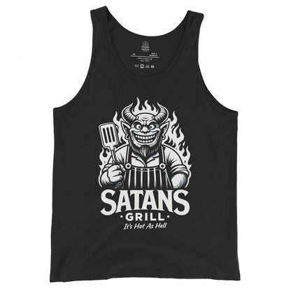 Satans Grill BBQ tank top on black featuring devil chef with spatula and flames