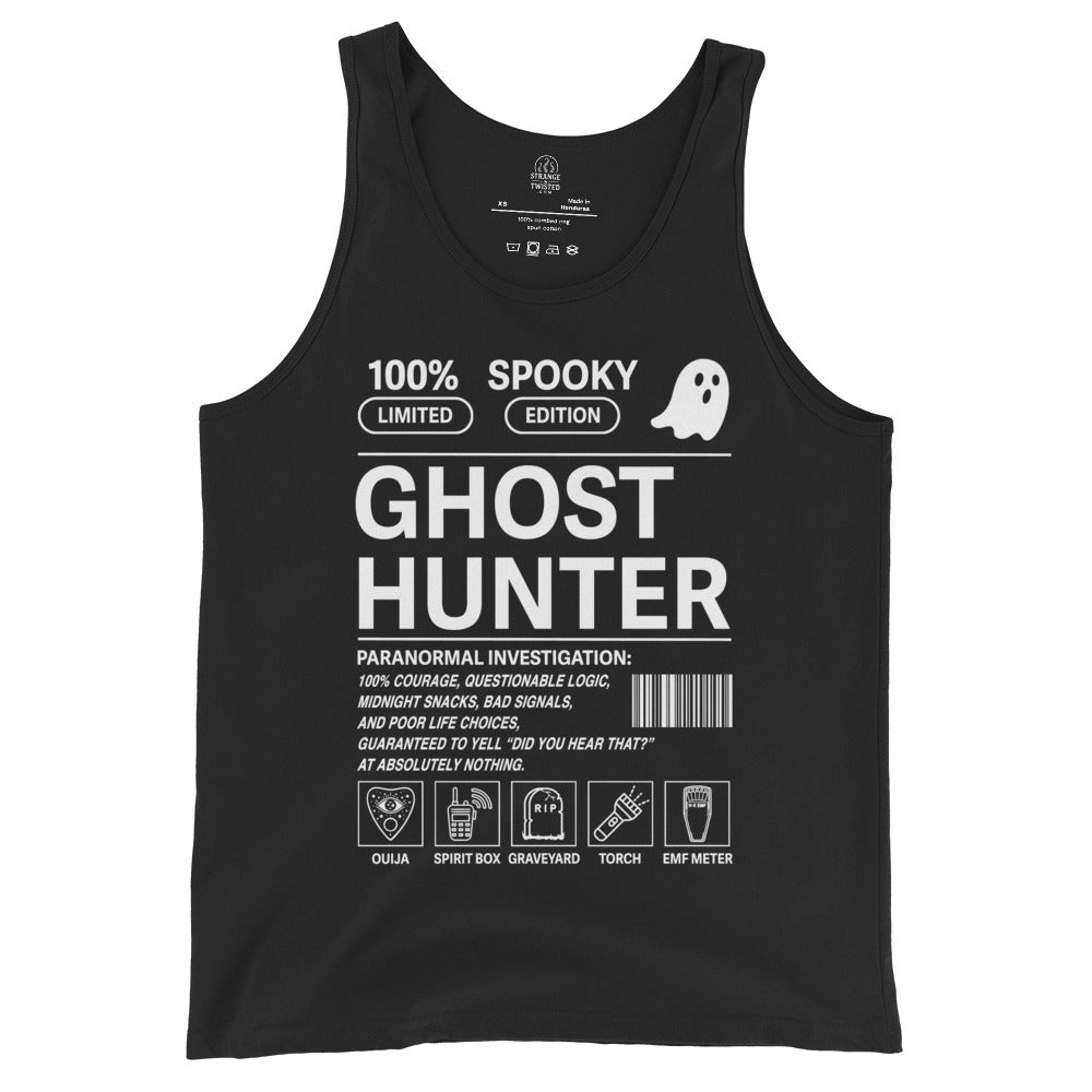 Ghost hunter paranormal tank top on black featuring ghost hunting equipment icons