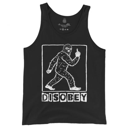 Black tank top with a cryptid graphic of a masked Sasquatch and the word 'DISOBEY' on a white background