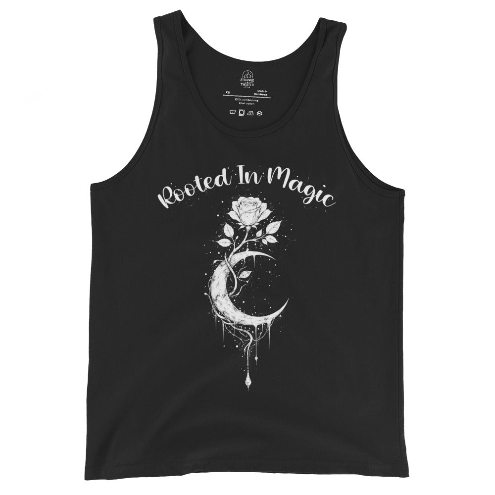 rooted in magic witchcraft tank top crescent moon rose gothic occult design dark aesthetic clothing
