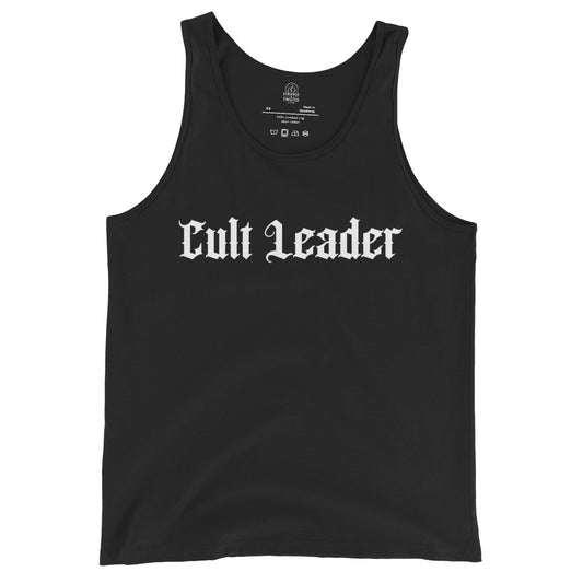 cult leader gothic tank top bold blackletter typography occult dark aesthetic clothing black garment