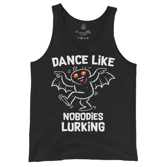 dance like nobodies lurking tank top funny mothman cryptid dancing graphic black clothing
