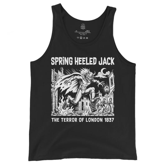 Spring Heeled Jack tank top front view, Victorian horror figure jumping through London street, detailed white artwork on black