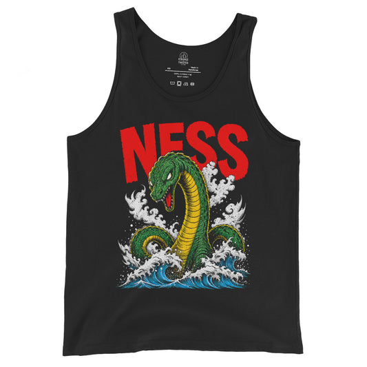Nessie tank top front view, Loch Ness monster emerging from waves in bold kaiju style artwork on black, Unisex
