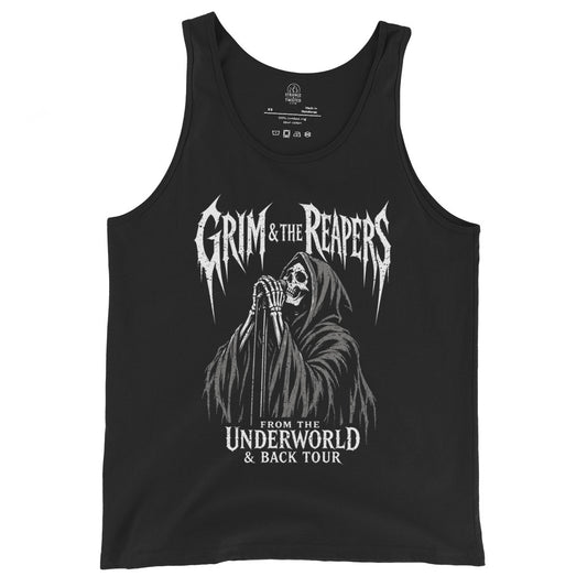 grim reaper tank top front view, skeleton singing into microphone in gothic band tour design, distressed white graphic on black