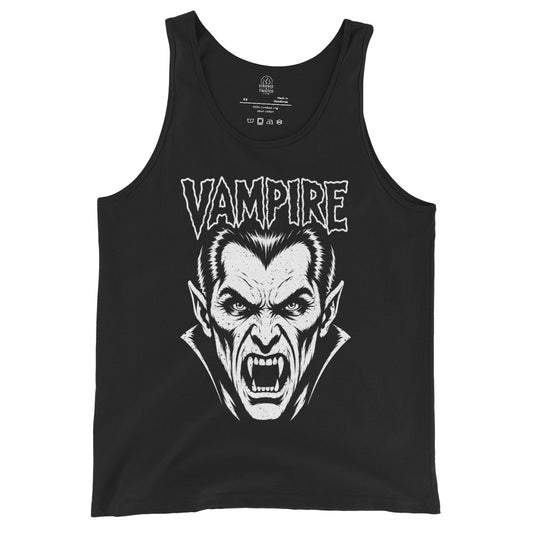 vampire tank top front view, retro vampire face with sharp fangs and gothic text in white on black