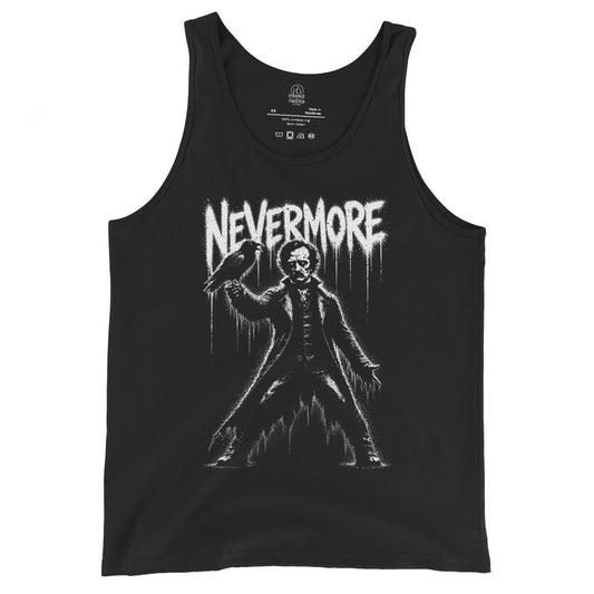 nevermore tank top front view, gothic poe figure with raven and distressed white text on black