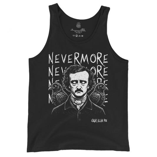 nevermore raven tank top front view, edgar allan poe portrait with ravens and distressed white gothic text on black