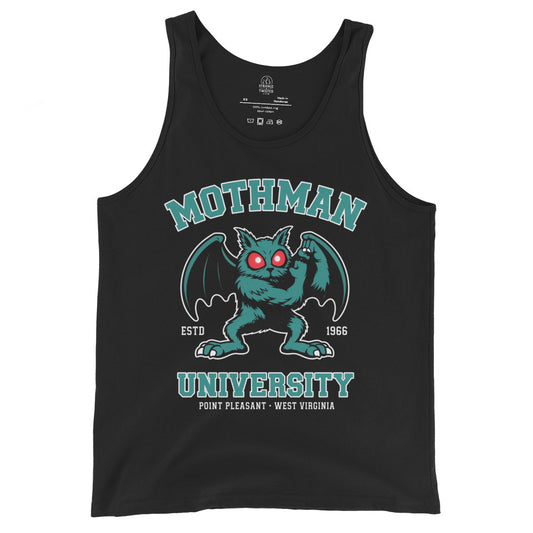 Black tank top with Mothman design and text on a white background
