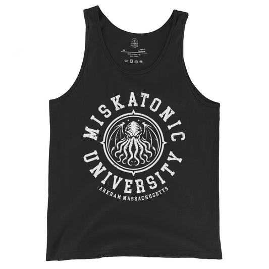 Miskatonic University Cthulhu horror tank top front view with distressed eldritch varsity emblem on black fabric