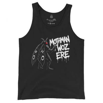 Mothman paranormal graffiti tank top front view with red eyed cryptid spray paint artwork on black fabric