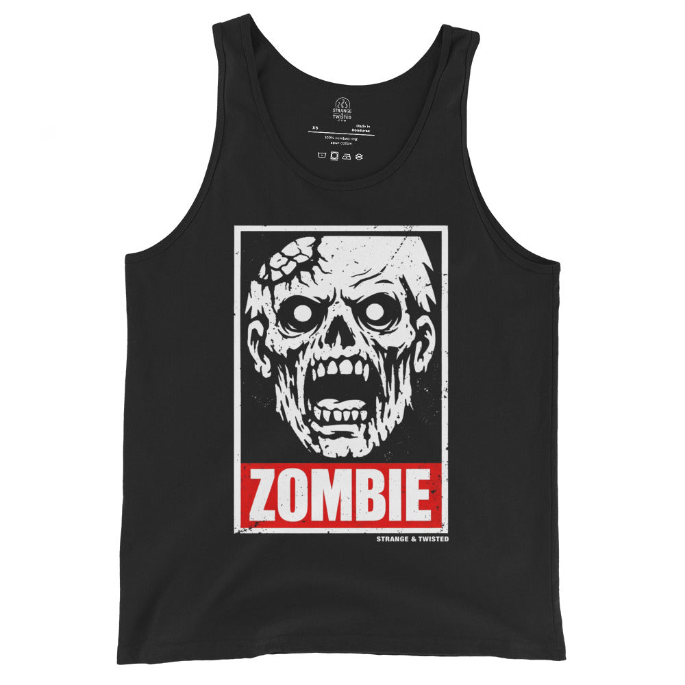 Zombie apocalypse horror tank top front view with undead face graphic and red zombie text on black fabric