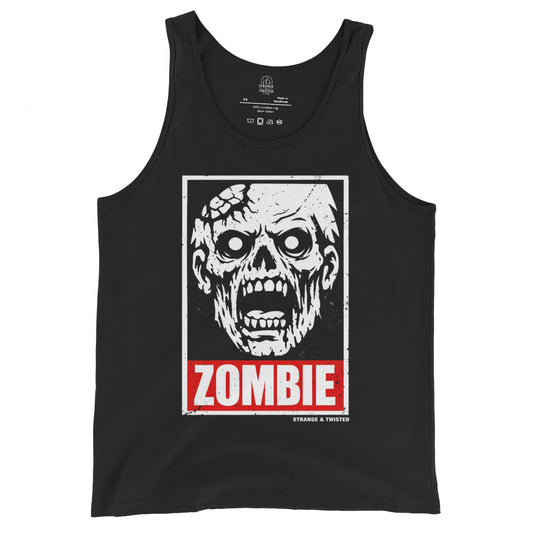 Zombie apocalypse horror tank top front view with undead face graphic and red zombie text on black fabric
