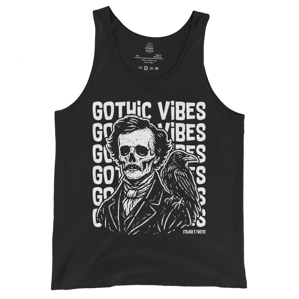 Edgar Allan Poe dark academia tank top front view featuring skeletal Poe portrait and raven artwork on black fabric