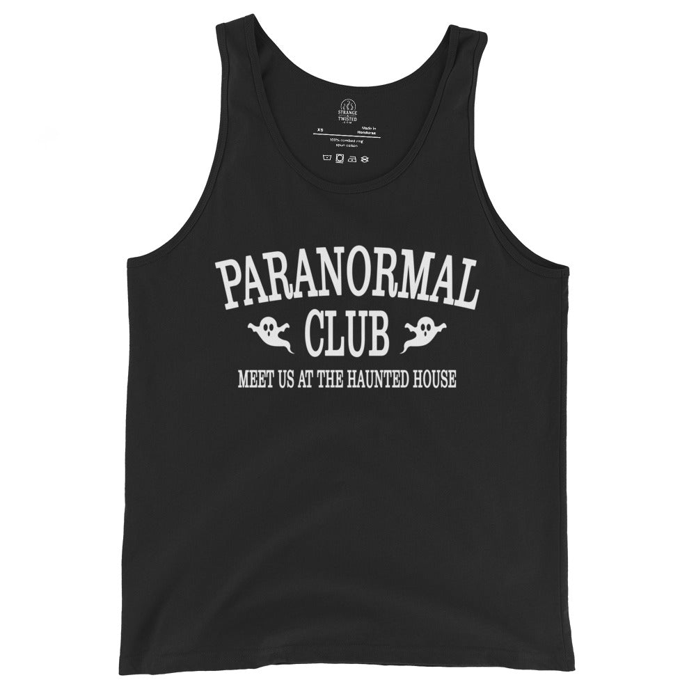 Ghost Hunter Paranormal Club tank top front view with ghost graphics and haunted house slogan on black fabric