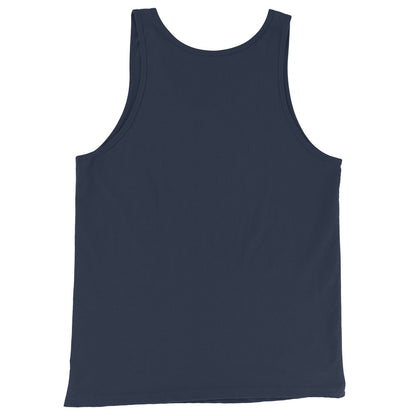 Navy Loveland Frogman tank top back view highlighting cryptid themed artwork