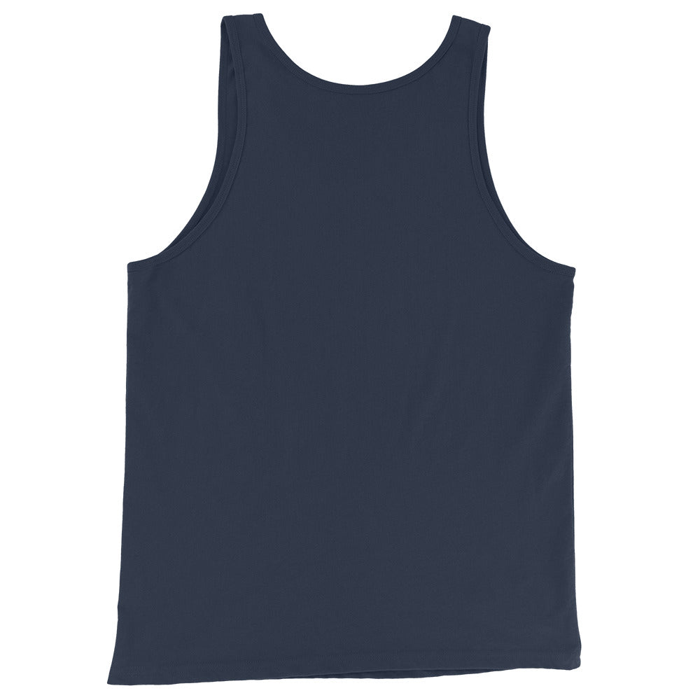 Paranormal investigator tank top back view on navy blue with ghost hunting artwork