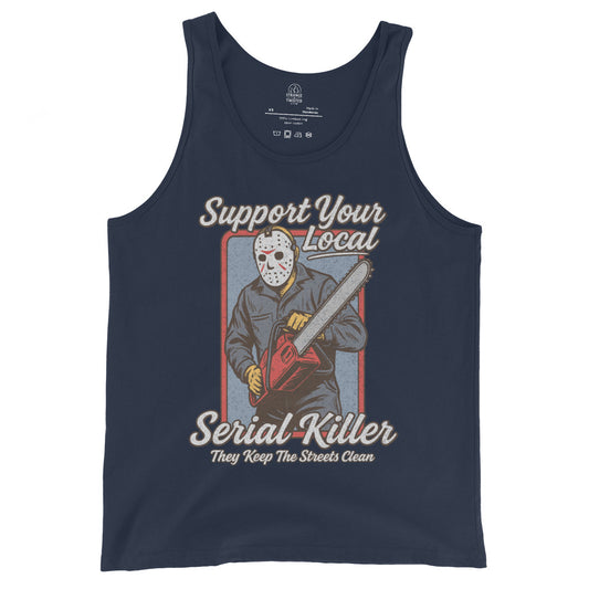 Front of navy tank top featuring bold white slasher-parody chainsaw artwork with retro horror aesthetic. By Strange & Twisted.