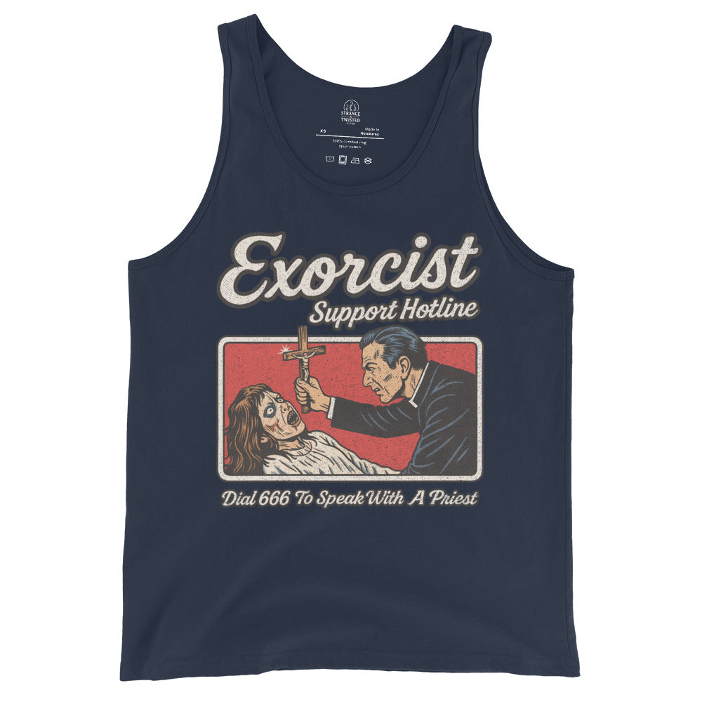 Front of navy tank top with vintage exorcist hotline scene in distressed paranormal style. By Strange & Twisted.