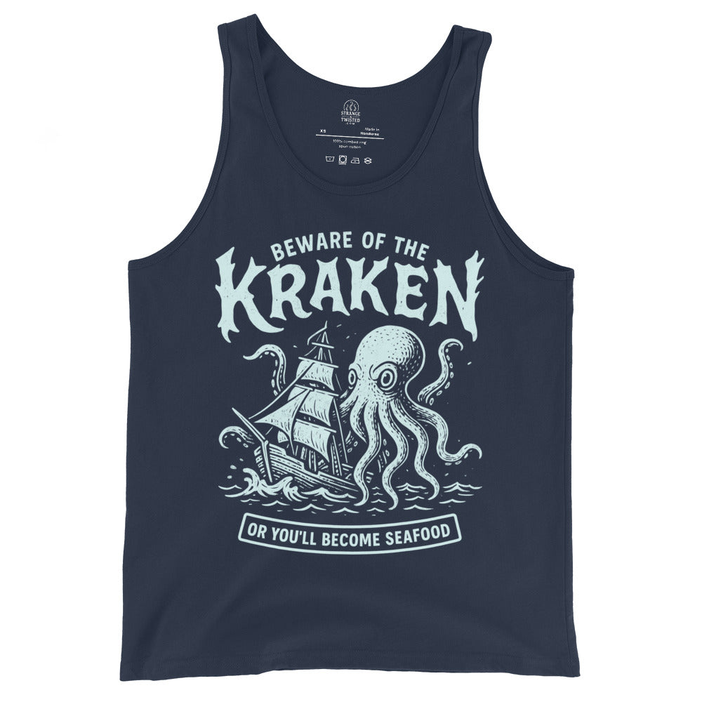 Navy unisex tank top featuring seafoam Kraken attacking ship artwork with bold typography, By Strange & Twisted
