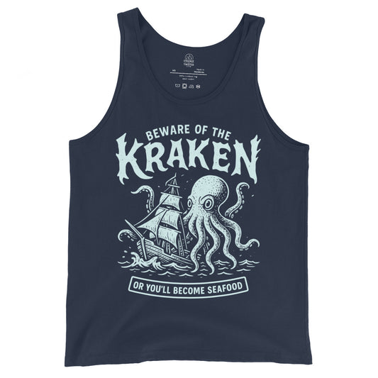 Navy unisex tank top featuring seafoam Kraken attacking ship artwork with bold typography, By Strange & Twisted