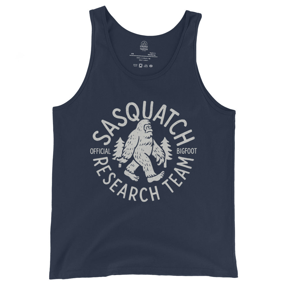Pale grey Sasquatch Research Team graphic on navy tank top, front view, by Strange & Twisted