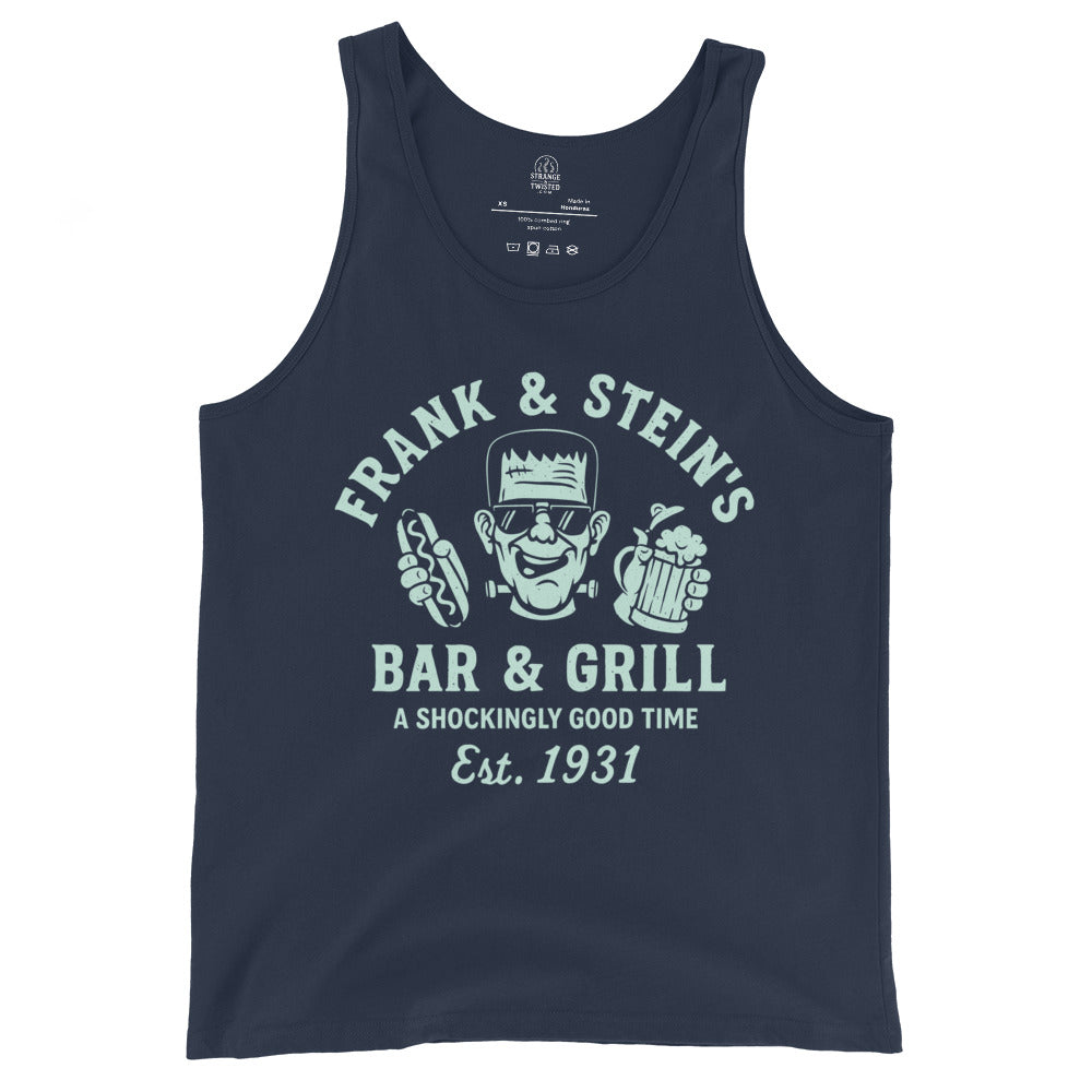 Navy tank top with bright mint Frank and Stein’s Bar and Grill pub parody artwork, By Strange & Twisted
