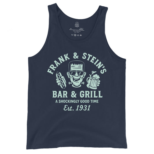 Navy tank top with bright mint Frank and Stein’s Bar and Grill pub parody artwork, By Strange & Twisted
