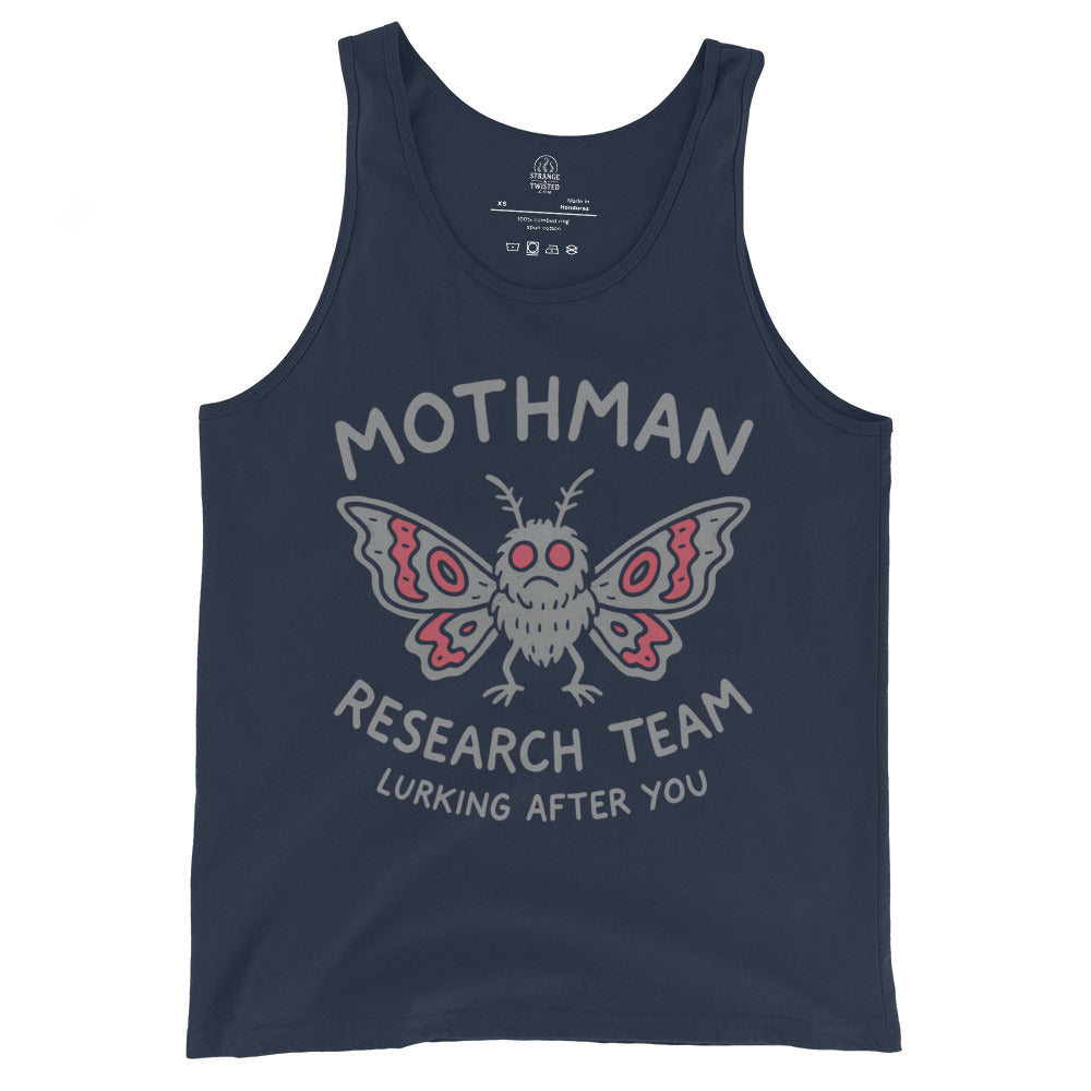 Navy tank top featuring grey and red Mothman Research Team paranormal design, By Strange & Twisted