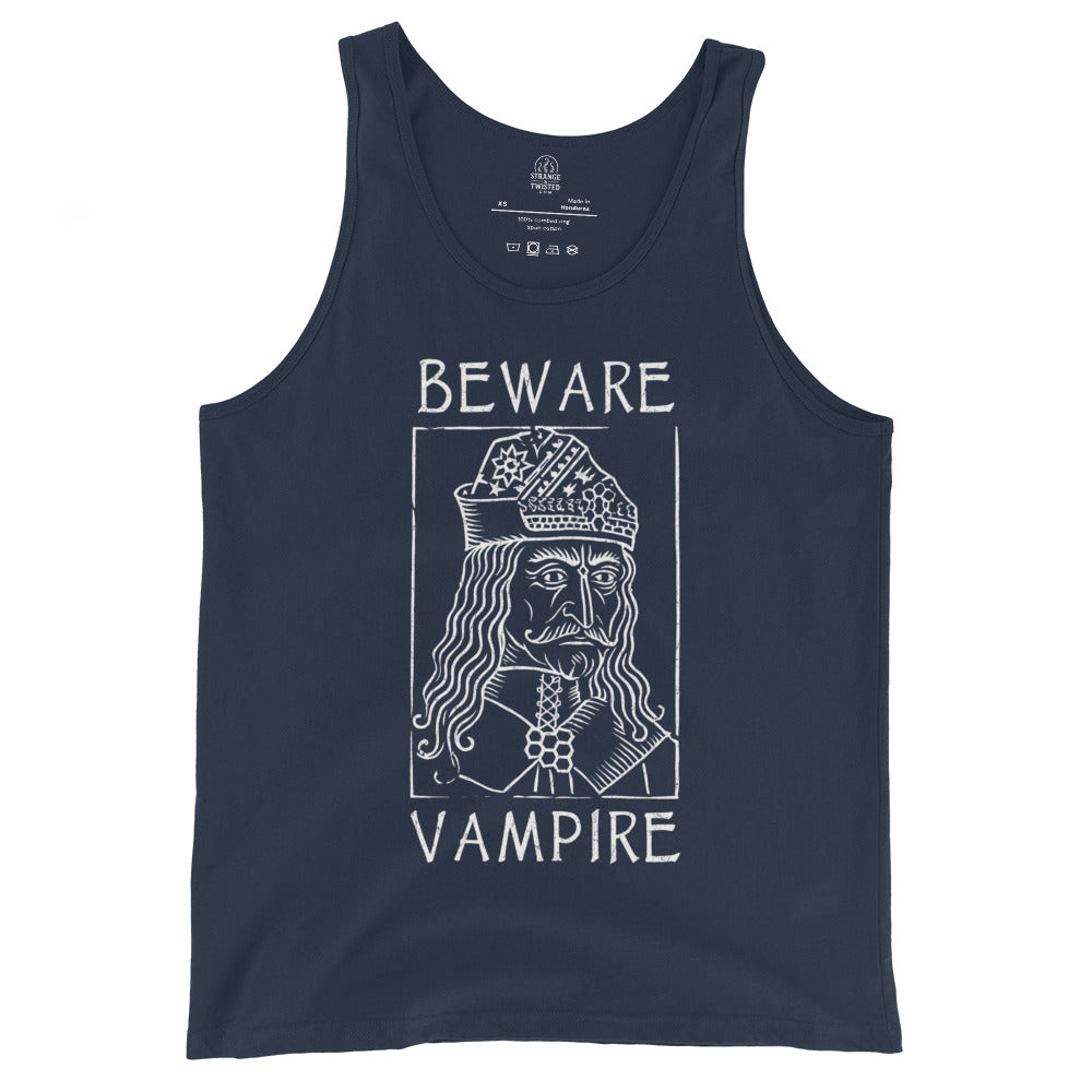 Navy tank top featuring white woodcut style Vlad the Impaler vampire illustration, By Strange and Twisted