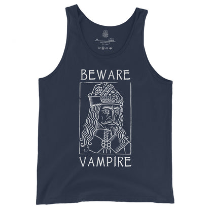 Navy tank top featuring white woodcut style Vlad the Impaler vampire illustration, By Strange and Twisted