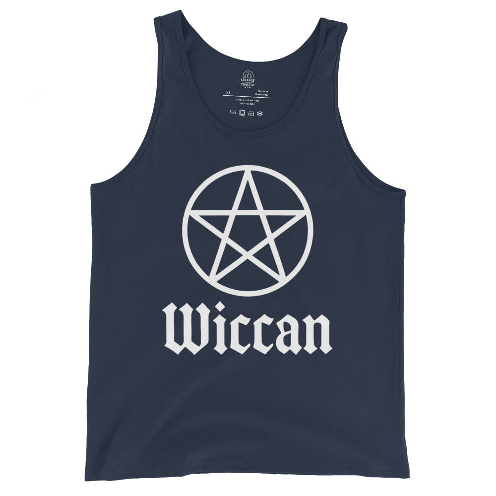 Navy tank top featuring bold white Wiccan pentacle and Wiccan lettering, By Strange and Twisted