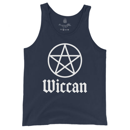 Navy tank top featuring bold white Wiccan pentacle and Wiccan lettering, By Strange and Twisted