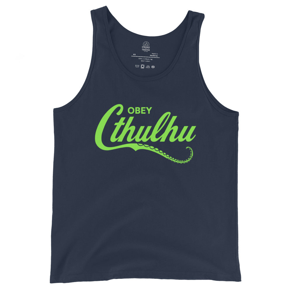 Navy tank top with neon green Obey Cthulhu design, By Strange and Twisted