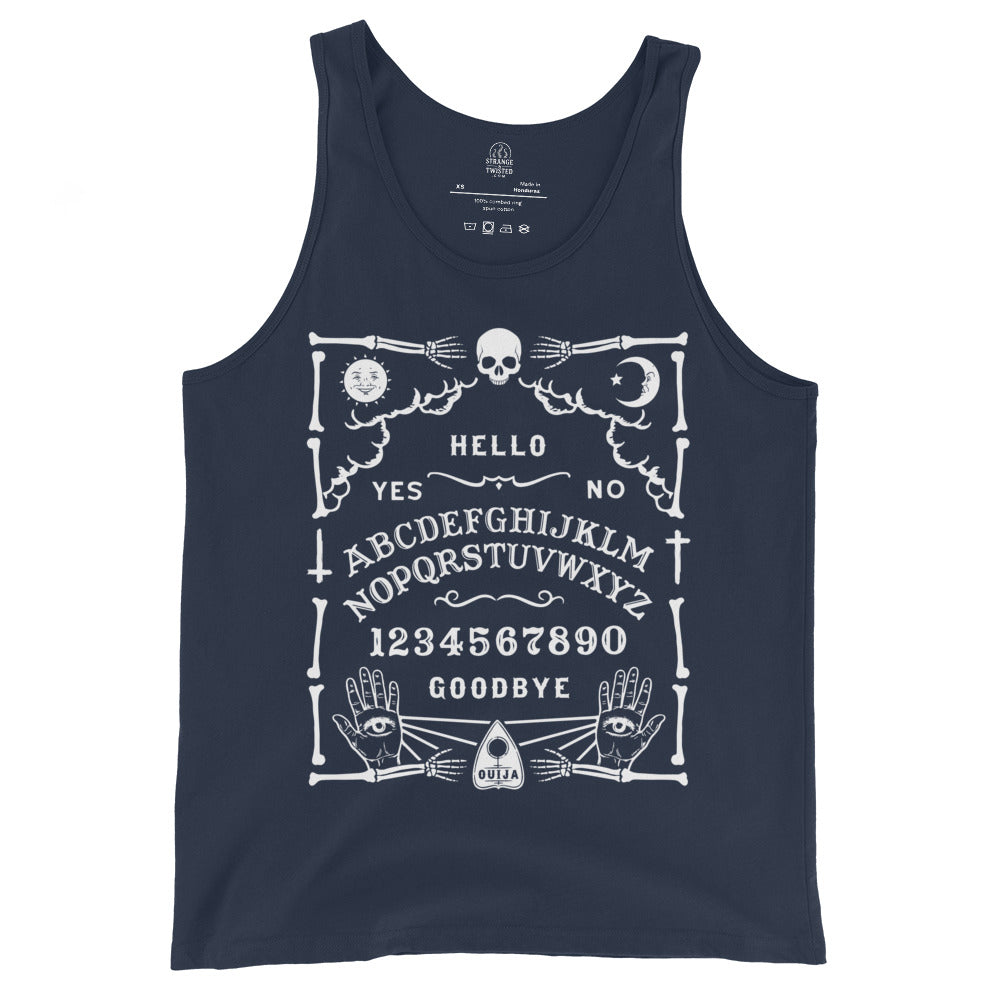 Navy tank top with white Ouija board artwork including skull, moon, sun, alphabet, numbers and mystical hands.