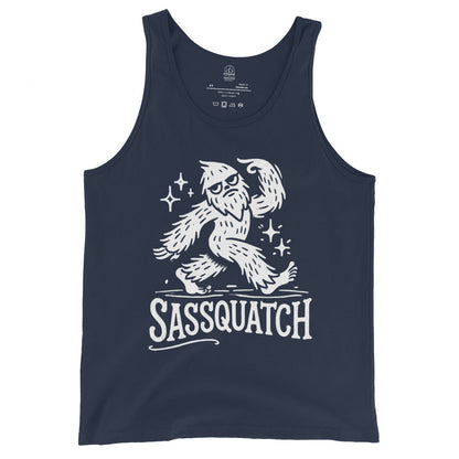 Navy tank top displaying a bold white Bigfoot cartoon with confident pose and playful sparkles.